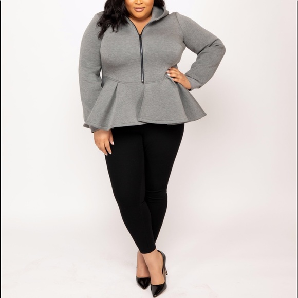 eleven 60 Sweaters - Eleven 60 Peplum Zip-Up Gray Hooded Sweater